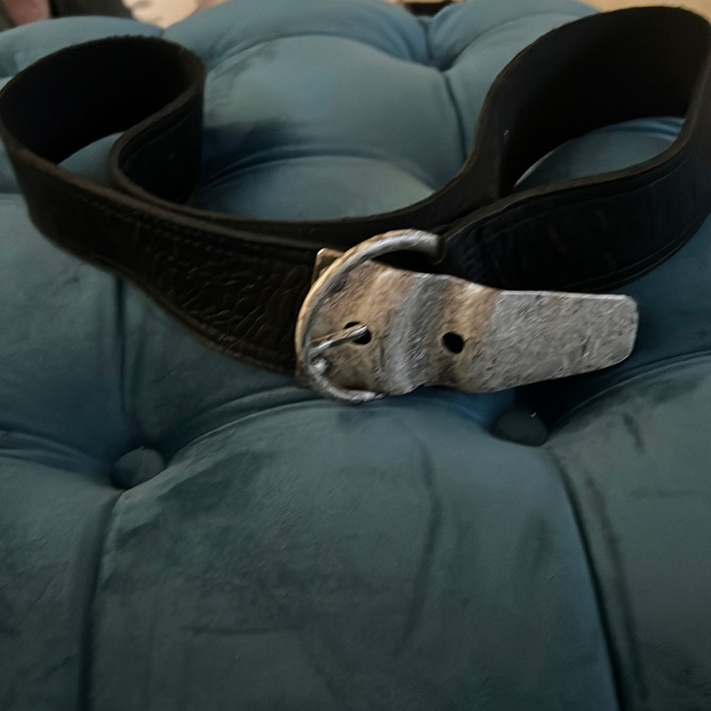 black leather belt with hammered silver buckle
